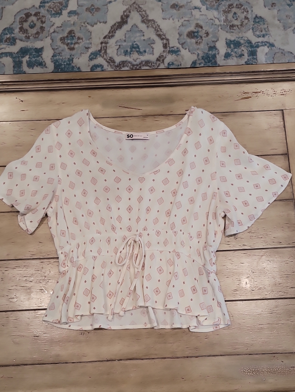 6 For $25 SO White Peplum Tie-Front Blouse with Pink Geo Print